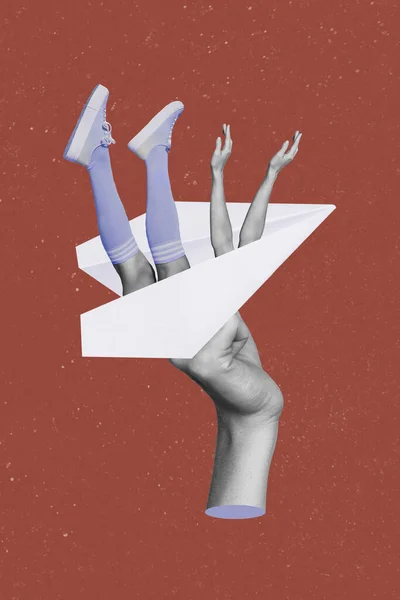 Vertical Collage Illustration Big Arms Hold Paper Airplane Stick Girls — Stockfoto