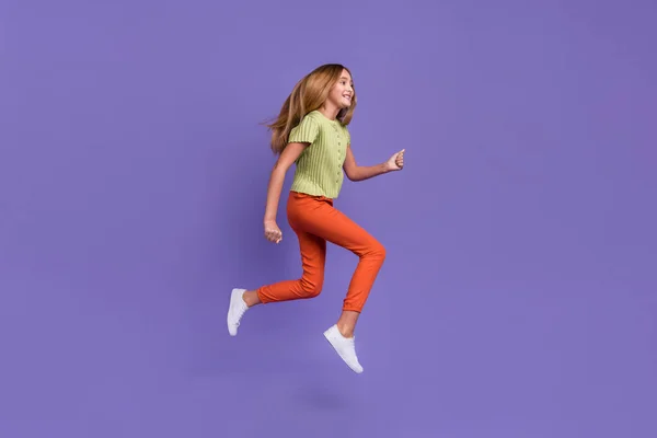 Full Size Profile Portrait Crazy Cheerful Girl Jump Hurry Rush — Foto de Stock