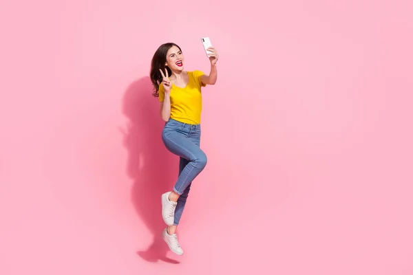 Full Length Photo Cute Young Brunette Lady Selfie Wear Shirt — Stockfoto