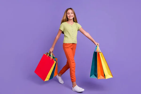 Full Size Profile Photo Positive Adorable Girl Hold Packages Walk — Foto Stock