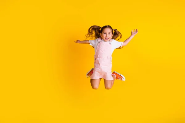 Photo Funky Excited Preschool Lady Dressed Pink Clothes Jumping High — Stock fotografie