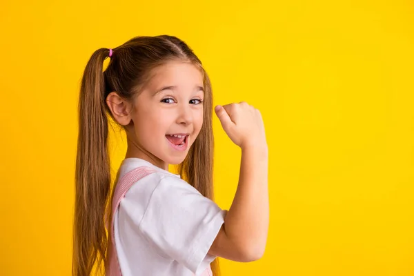 Photo Adorable Lucky Preschool Lady Pink Clothes Rising Fists Empty — Fotografia de Stock