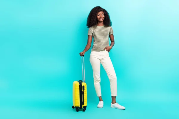 Full Size Photo Positive Charming Girl Stand Hold Suitcase Posing — Stockfoto