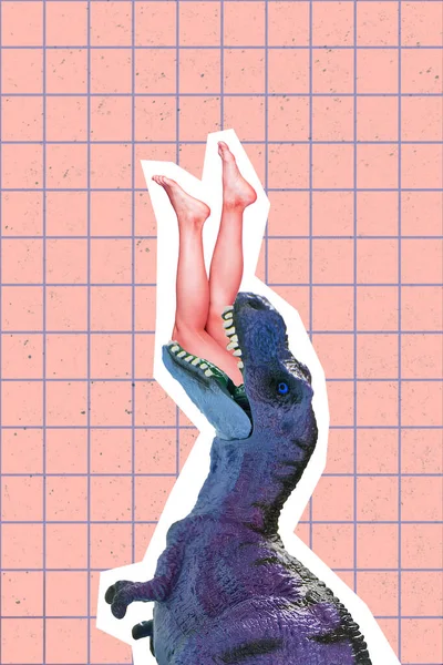 Retro Abstract Creative Artwork Template Collage Dino Eating Lady Body — Photo
