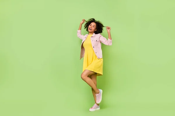 Full Size Portrait Excited Carefree Person Hands Hold Play Hairdo — Stockfoto