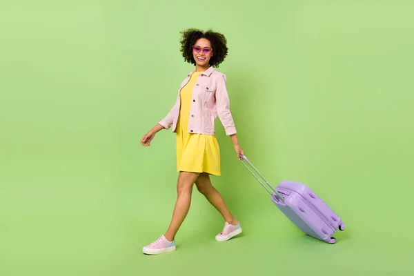Full Size Profile Photo Cheerful Charming Lady Hold Bag Walking — Fotografia de Stock