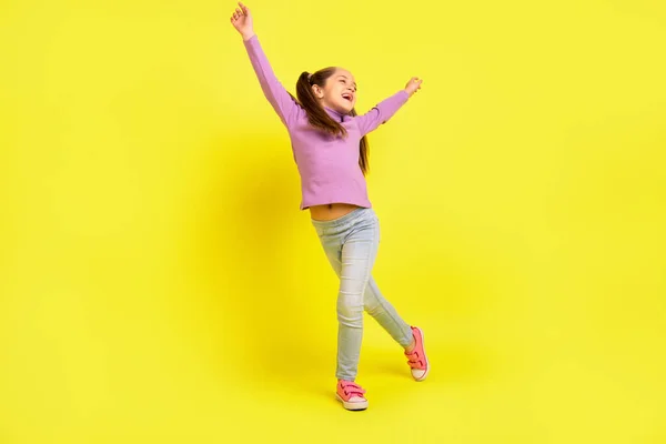 Full Length Photo Positive Cheerful School Kid Dancing Energetic Raise — Stockfoto