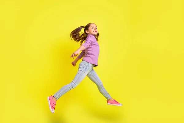 Full Length Profile Side Photo School Kid Jump Rush School — Stockfoto