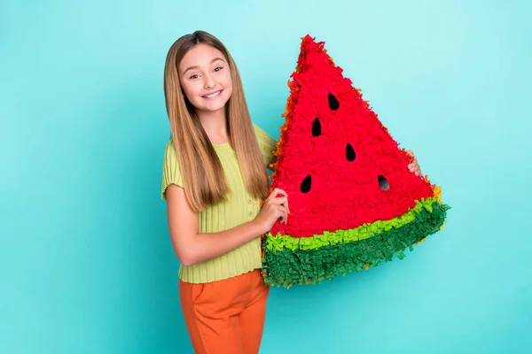 Photo of cheerful funny person arms hold big watermelon collage isolated on turquoise color background.