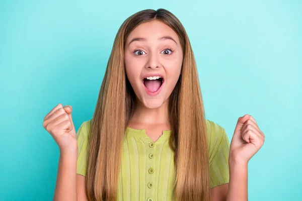 Portrait Overjoyed Delighted Girl Raise Fists Shout Yes Success Isolated — Foto de Stock