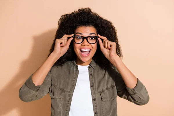 Photo Young Excited Girl Face Reaction Eyewear Discount See Ophthalmologist — Stockfoto