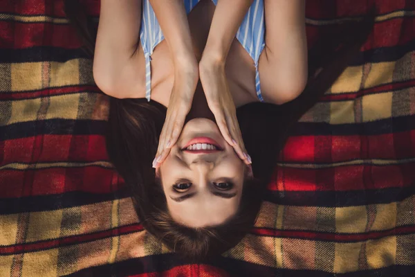 Top High Angle View Portrait Attractive Cheerful Girl Lying Cover — Fotografia de Stock