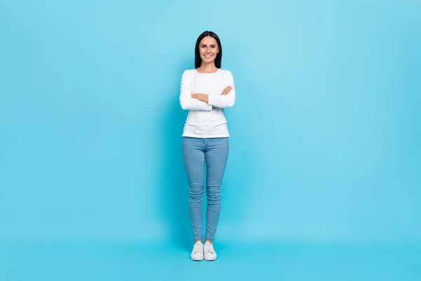 Full Length Photo Young Lovely Woman Standing Crossed Hands Wear — Zdjęcie stockowe