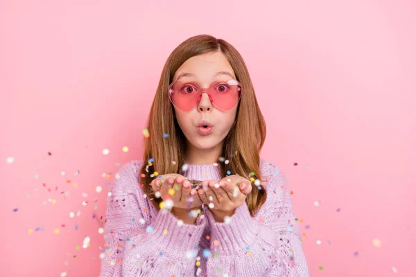 Photo Young Lovely Girl Blow Confetti Event Festive Wear Eyeglasses — Stock fotografie