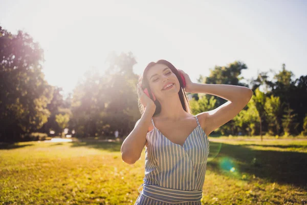 Portrait Attractive Cheerful Dreamy Girl Listening Stereo Sound Enjoying Breathing — Fotografia de Stock