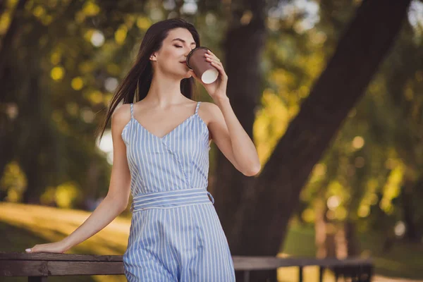 Photo Adorable Good Mood Peaceful Lady Drinking Delicious Latte Enjoying — Stockfoto