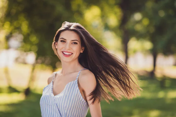 Portrait Cheerful Good Mood Adorable Sweet Lady Flying Long Brunette — Stock Fotó