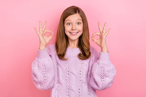 Portrait Attractive Girly Cheerful Girl Showing Two Double Sign Perfect — Stock Photo, Image