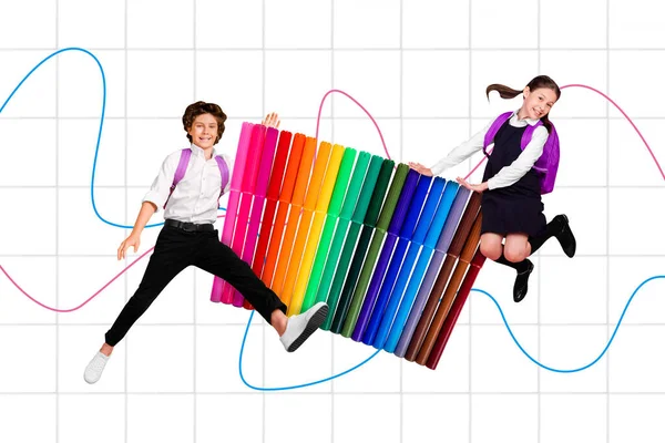 Banner Collage Two School Learners Showing Colorful Crayons Isolated Plaid — Fotografia de Stock