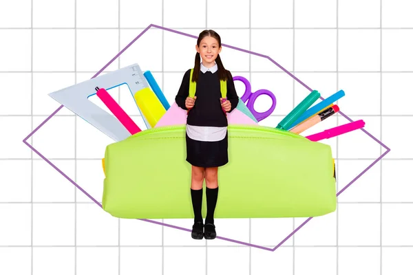 Magazine Poster School Child Standing Big Pencil Case Study Tools — Stockfoto