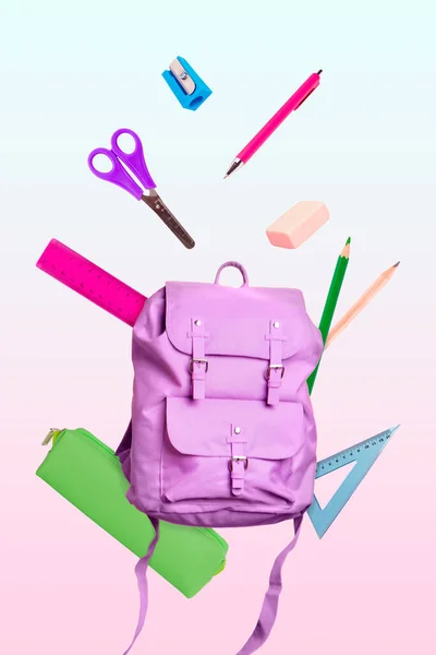 Magazine poster collage of big purple school bag full office studying equipment isolated colorful background.
