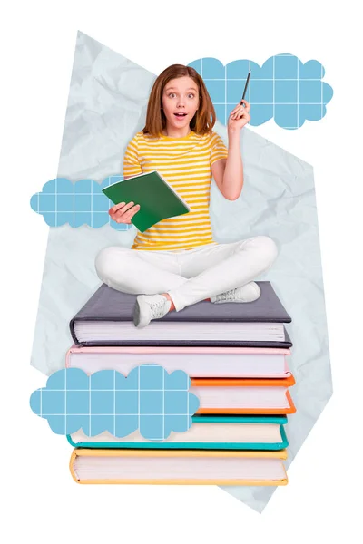 Image Collage Poster Von Erstaunt Teenager Schulkind Sitzen Lehrbuchstapel Prüfungsbericht — Stockfoto