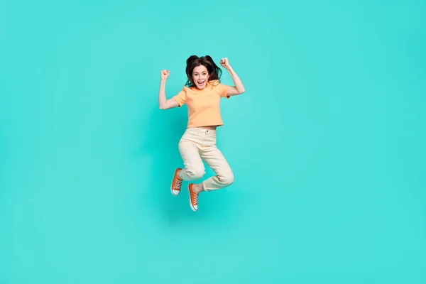 Full Size Portrait Astonished Satisfied Lady Jump Raise Fists Scream — Stock Fotó
