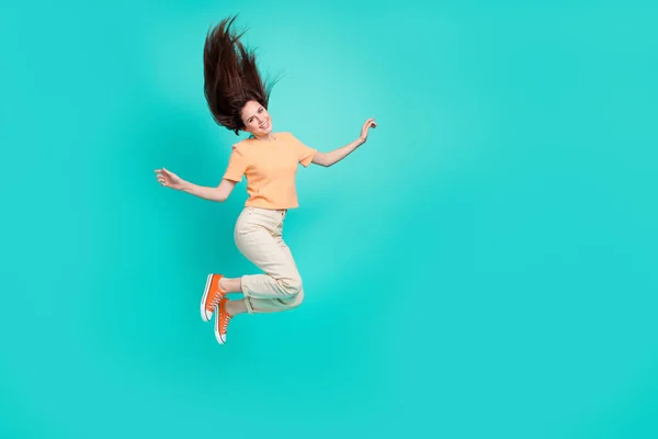 Full Body Portrait Overjoyed Satisfied Person Jumping Flying Hairdo Isolated — Stockfoto