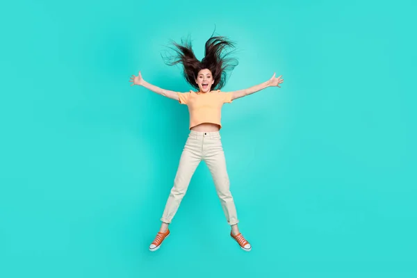 Full Size Portrait Satisfied Sportive Lady Raise Open Arms Jumping — Foto Stock