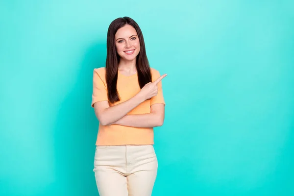 Portrait Gorgeous Glad Girl Direct Finger Empty Space Feedback Tips — Stock Photo, Image