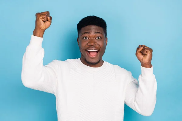 Photo Handsome Good Mood Ecstatic Enthusiastic Male Raise Fists Victory — Stock Photo, Image