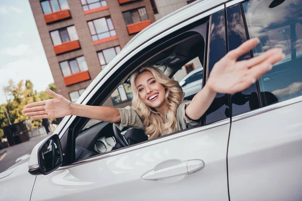 Portrait Friendly Positive Girl Raise Opened Arms Card Door Window — Foto Stock