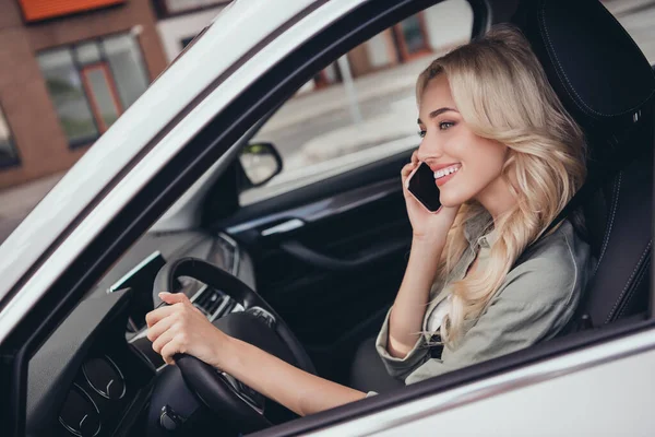 Photo Pretty Nice Lady Ride Auto Rest Relax Weekend Outdoors — Stock Fotó