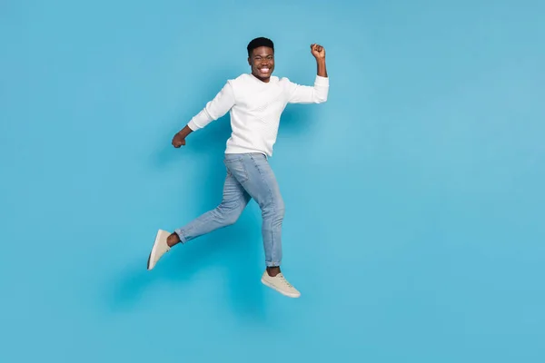 Full Length Photo Cheerful Overjoyed Man Run Jump Have Good — Stockfoto