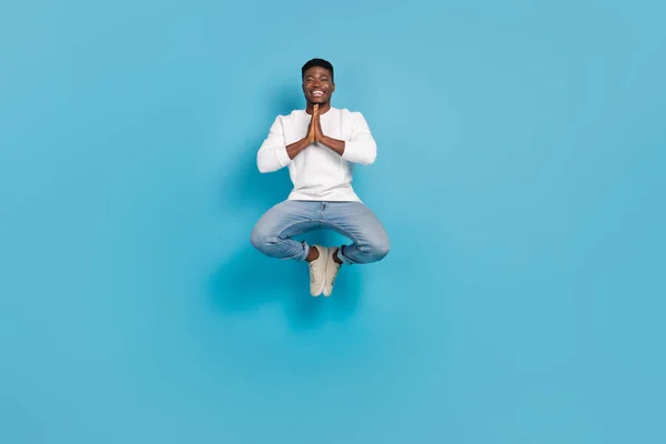 Full Size Portrait Handsome Guy Hands Plead Meditate Isolated Blue — 图库照片