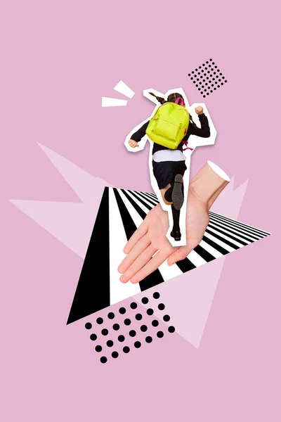 Vertical collage image of big arm help hold little running girl painted pedestrian crossing isolated on drawing background.