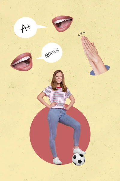 Vertical Collage Picture Happy Sporty Girl Football Player Painted Mouth — Stockfoto