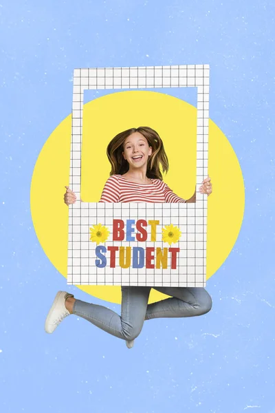 Vertical Collage Portrait Excited Funny Girl Hold Checkered Album Photo — Foto Stock