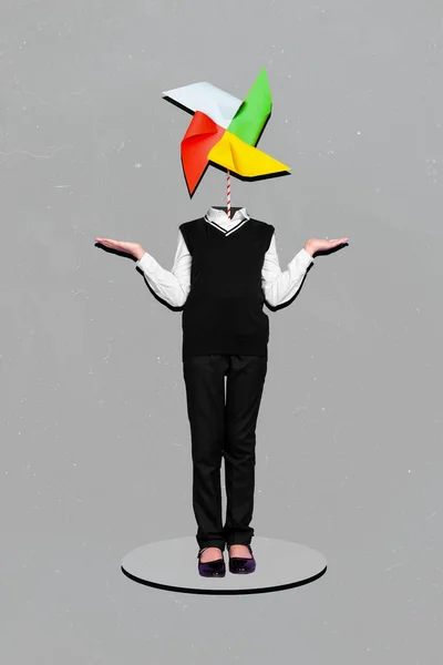 Vertical Collage Picture Schoolkid Windmill Spinner Instead Head Arms Show — Zdjęcie stockowe