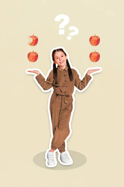 Vertical Collage Image Cheerful Girl Arms Palms Hold Show Apple — Stock fotografie