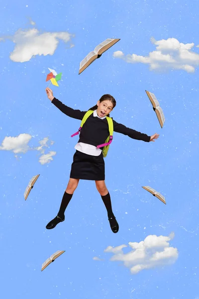 Vertical Collage Image Amazed Excited Girl Hold Windmill Spinner Flying — 스톡 사진