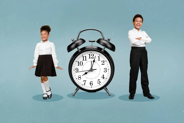 Creative Collage Portrait Two Small Kids Stand Huge Clock Isolated — Fotografia de Stock