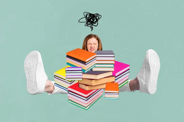 Collage Picture Crazy Tired Girl Sitting Pile Stack Painted Book —  Fotos de Stock