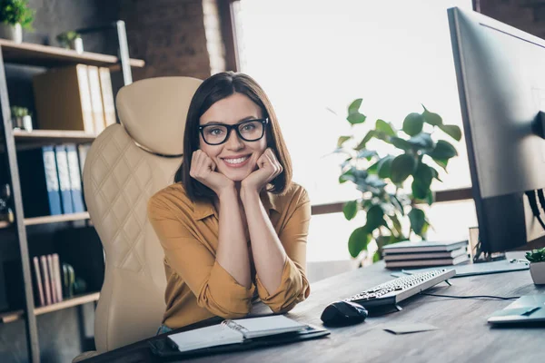 Portrait Attractive Cheery Girl Leader Partner Tech Director Developing Project — Foto Stock