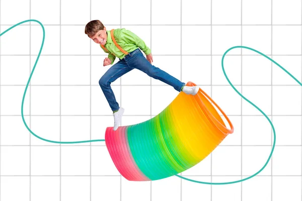 Magazin Poster Collage Von Lustigen Kleinen Schulkind Fahrt Große Slinky — Stockfoto