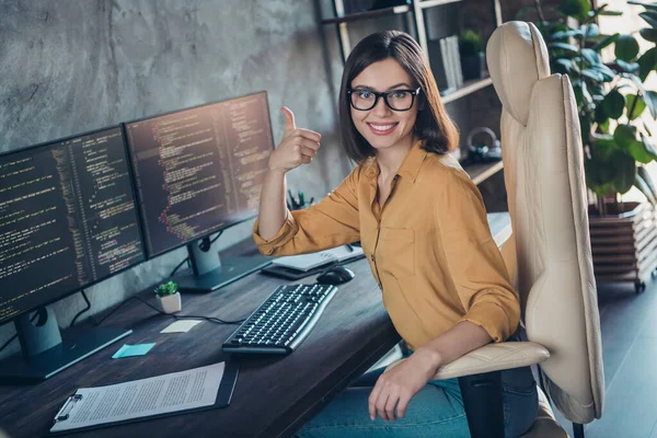 Portrait Attractive Cheerful Girl Editing Database Developing Web Project Showing — Stockfoto