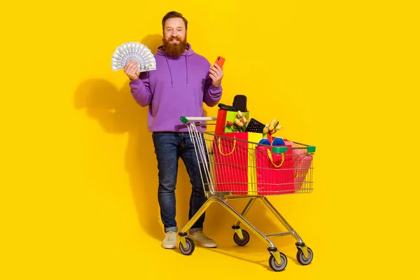 Full Body Photo Handsome Cheerful Guy Hold Usd Banknotes Telephone — Fotografia de Stock