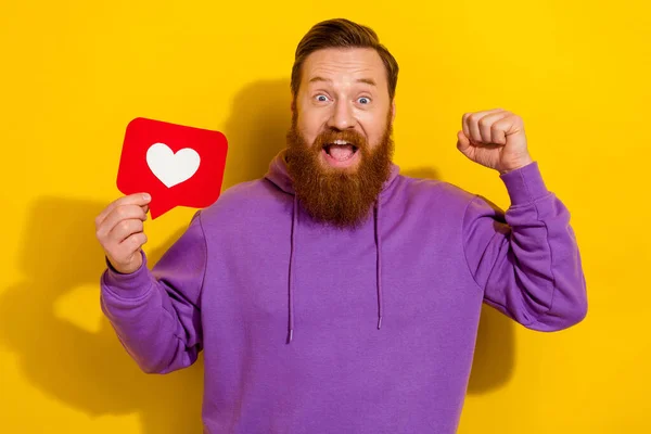 Photo Positive Lucky Guy Dressed Purple Sweater Holding Love Heart —  Fotos de Stock