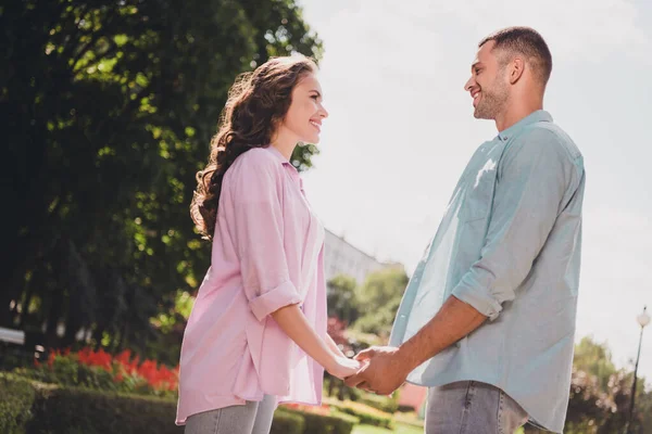Profile Portrait Two Idyllic Cheerful Partners Hold Arms Look Each — Stockfoto