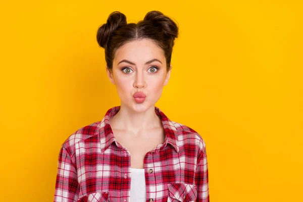 Portrait Gorgeous Person Kiss Lips Look Camera Isolated Bright Yellow — Stockfoto